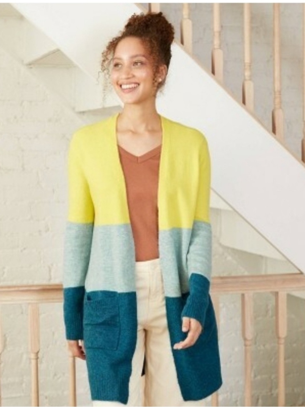 A New Day Women's Size X Small Green Teal Colorblock Open Front Cardigan Sweater